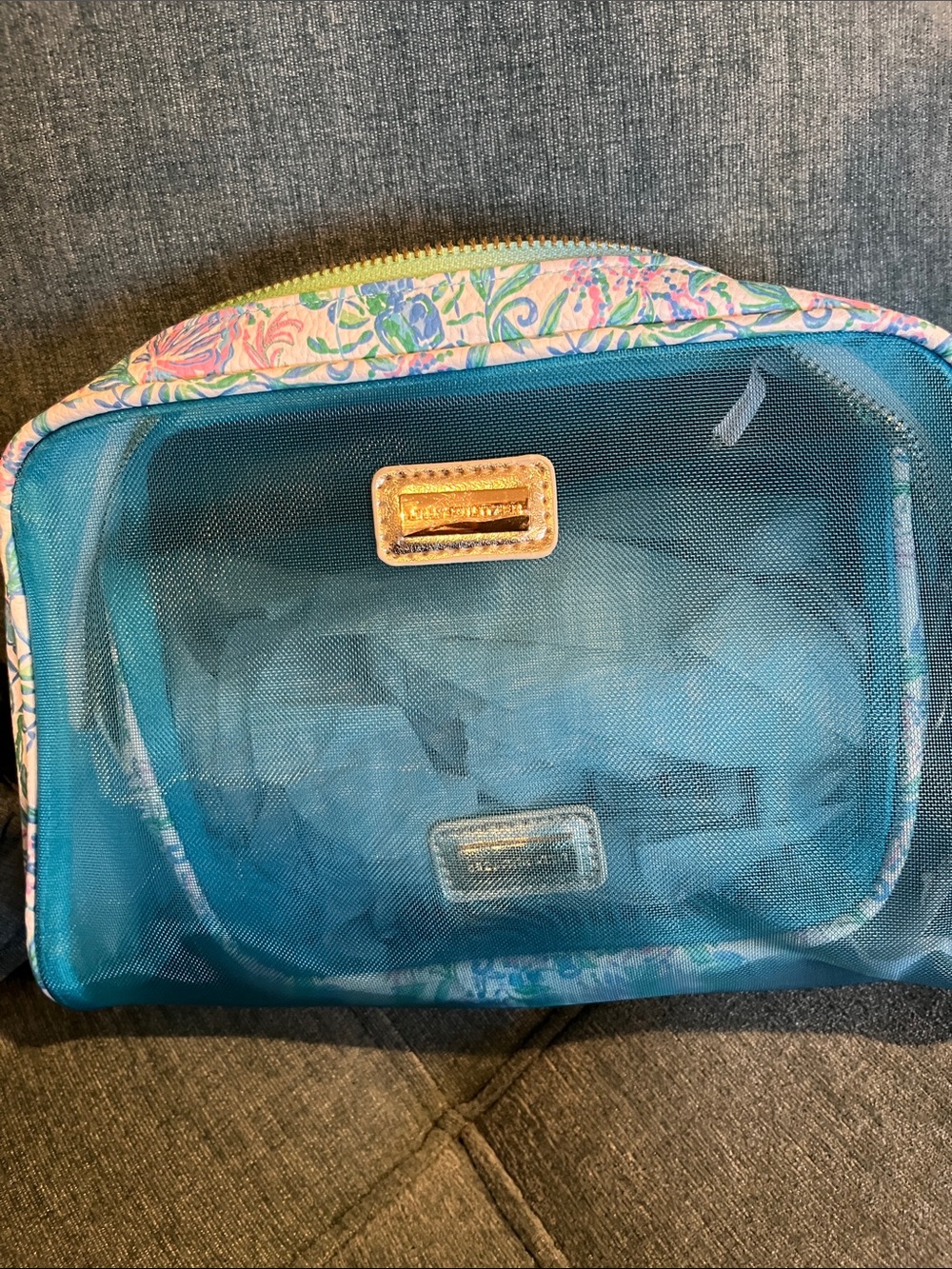 Lilly Pulitzer Turquoise Mesh Cosmetic Pouch with Floral Trim Set of 2 - NWT